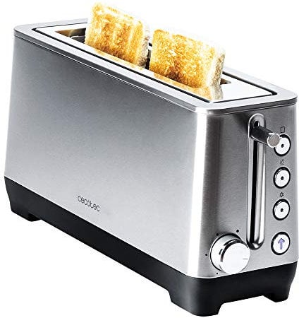 Cecotec Tostadora BigToast Extra. 1100 W, Ranura Larga Extraancha, 4 Funciones preconfiguradas, 6 Niveles de Potencia, Varillas Superiores para Calentar, Acero, Capacidad para 2 Tostadas