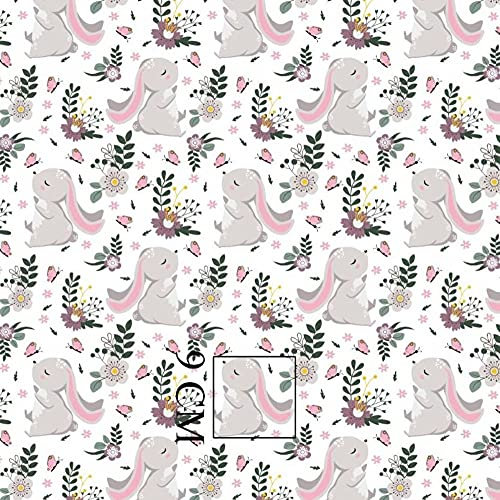 11,99€/m Hase 100% Baumwolle Baumwollstoff Kinder Meterware Handwerken Nähen Stoff (Hase Schmetterling Blume Weiß, 100x160 cm)
