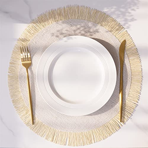 Rund Gewebte Tischsets 38cm, Boho Platzsets mit Quaste, Abwaschbar Flachs Tischset Hitzebeständig und rutschfest für Zuhause Restaurant Speisetisch (Beige,6er)