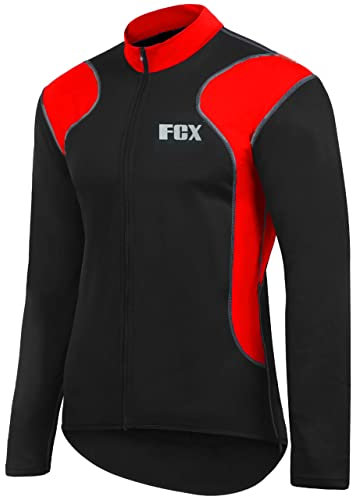 FCX Mens Cycling Jersey Long Sleeves Thermal Outdoor Bike Riding Bicycle Top Winter Cycling Fleece Jersey (Black-Red, Medium)