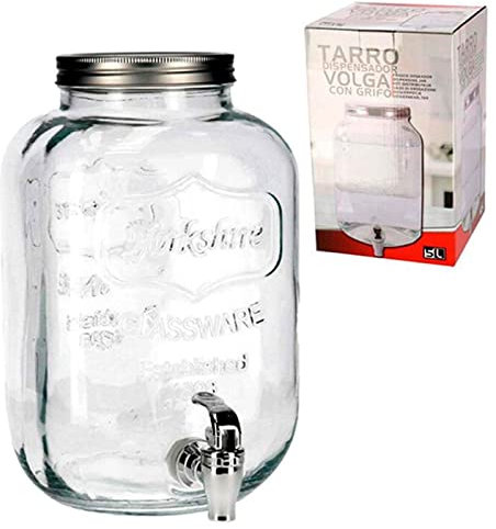 Tradineur - Bocal distributeur avec robinet - En verre transparent - Capacité de 5 litres - Récipient pour servir de l'eau, des boissons froides, des sodas - 27 x 16,5 cm