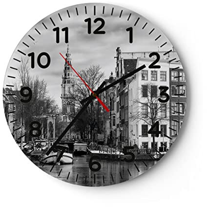 Modern Wanduhr Schwarzweiß Amsterdam Boote 30x30cm Rund Klein Wand Uhr Glas Analog Zimmeruhren Küche Büro Wohnzimmer Glasuhr Wall Clock Dekoration Design Wanddekoration Küchenuhr C4AR30x30-4436