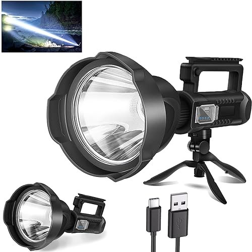Faretto ricaricabile, 3.000.000 lumen, faretto a LED per esterni, portatile, super luminoso, potente torcia a lungo raggio con 4 modalità, treppiede, USB C, IPX5, impermeabile per pesca, canottaggio,