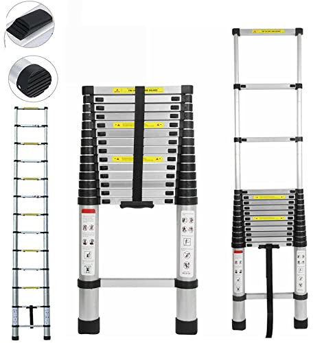 Scala telescopica in alluminio, 4,4 m, scaletta multifunzione, scala portatile, scala multiuso a 14 gradini, telescopico antiscivolo, carico massimo 150 kg, argento