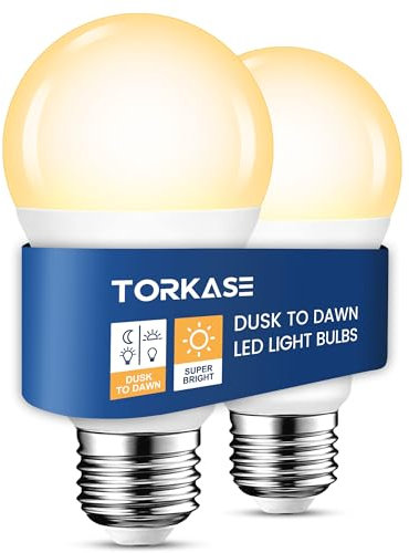 Torkase Dusk to Dawn Light Bulbs, 13W E27 Led Light Sensor Bulb 100W Equivalent, 3000K Warm White Auto On/Off Dusk Till Dawn Bulbs for Outdoor Garage Awning Light, 2 Pack