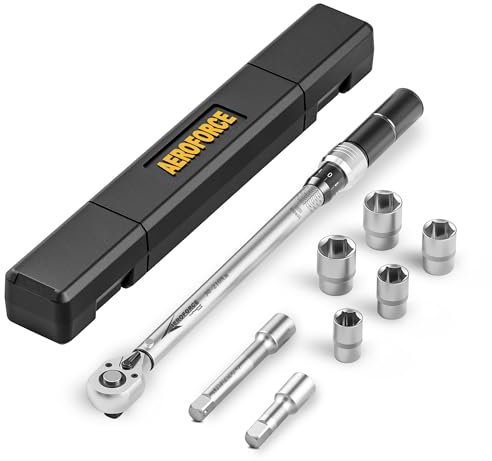 AEROFORCE 1/2 Clé Dynamométrique, Clé de Torsion 30-210 Nm, Précision ± 3% Clé à Cliquet, avec 2 Extensions de 7,5 cm et 12,5 cm, 5 Douilles, 8 Pièces Kit D'entretien pour Autos