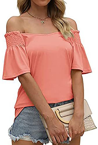KCatsy Women Cotton 2-Way V-Neck/Off-Shoulder Shirred Ruffle Solid Color Plain Short Sleeve Loose Summer Top T-Shirt Tee Shirt Blouse A Pink 2XL 18