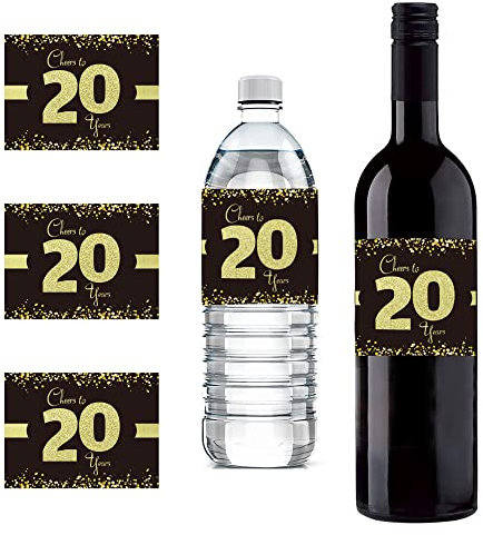 Sumerk 24 Pcs 20th Birthday Bottle Labels Cheers to 20 Years Stickers 20th Happy Birthday Gift Idea Decorations 20th Sticker for Birthday/Wedding Party