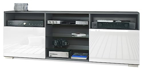 Vladon TV-Board Granada, Lowboard mit 2 Türen und 6 offenen Fächern, Korpus Anthrazit matt, Fronten in Weiß Hochglanz (146 x 54 x 35 cm)