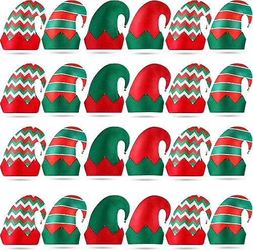 Yaomiao 24 Pcs Christmas Elf Felt Hat Green and Red Bulk Santa Elf Hats with Bell for Christmas Party Costume Favors (Lovely)