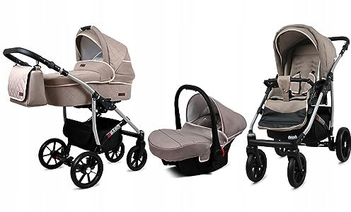 BabyLux® Bambimo Kinderwagen Set 3 in 1 - Qbaro - incl. Babywanne, Buggy Sportsitz, Auto-Babyschale - Autositz - Kinderwagenset - Kombikinderwagen mit Wickeltasche, Regenschutz usw.