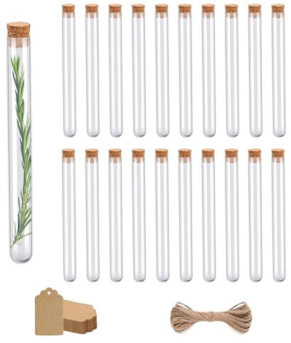20 Tubes à Essai en Verre 16x160mm avec Bouchon en Liège (21ml) + 20 Étiquettes Kraft + Ficelle de Jute | Éprouvettes de Laboratoire | Souvenirs d'Anniversaire, Fiole pour Bonbons, Dragées