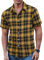 COOFANDY Mens Short Sleeve Shirt Summer Plaid Checked Button Down Casual Cotton Shirt Black Yellow XL