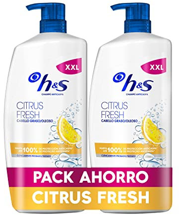 H&S Citrus Fresh Champú Anticaspa para Pelo Graso 2x1000ml, con Dispensador. Hasta 100% de Protección Anticaspa, Clínicamente Probado. Frescor y Limpieza con Aroma a Cítricos, New Version