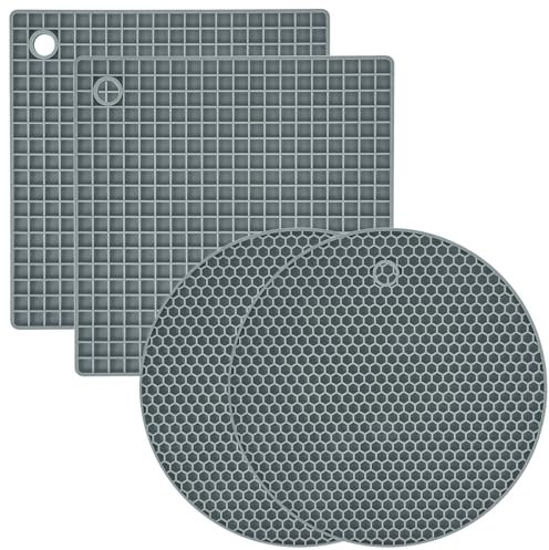 MAODUV Sottopentola in silicone, 4 presine resistenti al calore, multiuso, antiscivolo, per presine da cucina, piatti, cucchiai, silicone per uso alimentare e senza BPA (7,1 + 17,8 cm, 4 grigi rotondi