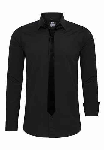 Rusty Neal Herren-Hemd Premium Slim Fit Langarm Stretch Kontrast Hemd mit Krawatte Business-Hemden Outfit Freizeithemd Set 44_99, Größe:5XL, Farbe:Schwarz