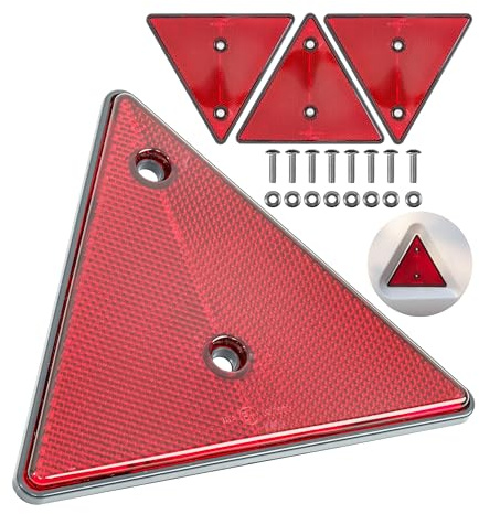 Anhänger Reflektor Dreiecke, 4 Pack, in Rot, mit Schrauben Set, 15 cm Seitenlängen, 70 mm Lochabstand, mit E-Prüfzeichen, Rückstrahler hinten, dreieckige Streuscheibe Heck, Hängerdreieck rechts Links