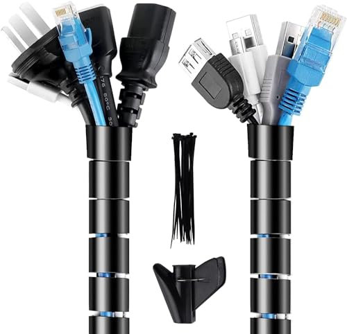 Gaine de Câble Flexible Ø22 MM - 3M, Système de Gestion Rangements des Câbles Informatique avec 20pcs Zip Ties, 1 Clip de Guide-Câble, Cache Fil Electrique Cable Sleeves pour TV, PC, Bureau - Noir