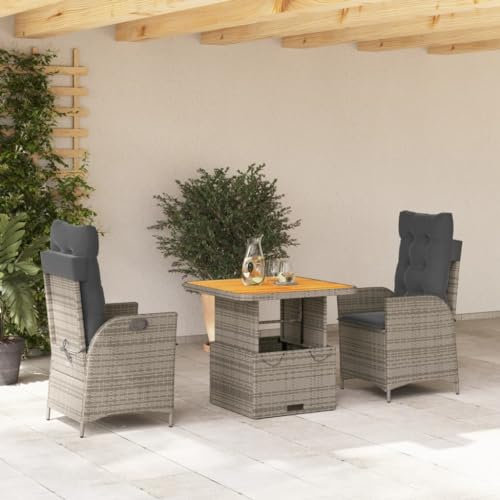 Gecheer 3-TLG. Garten Essgruppe 2 Personen, Rattan Gartenmöbel Set, Balkonmöbel Set, Gartentisch mit Stühlen, Balkon Lounge, Terrassenmöbel Set, Polyrattan Sitzgruppe, Gartengarnitur mit Kissen Grau