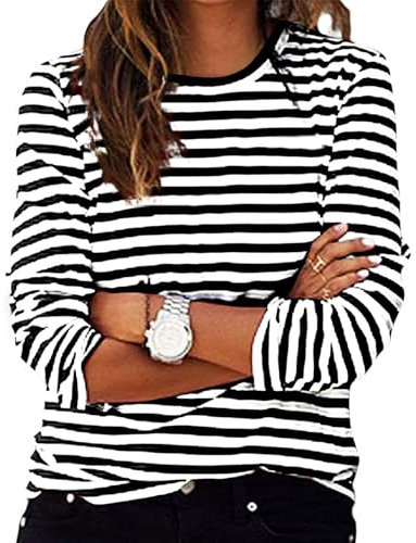 Tshirt Damen Gestreiftes Langarmshirt Damen Pulli Rundhals Langarmshirt Basic T-Shirt mit Streifen Rundhals Ausschnitt Casual Lose Hemd Pullover Oberteil Sweatshirt Bluse Tops