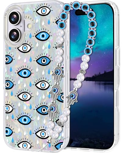 Casililor Compatible with iPhone 16 Case for Women Girls, Slim Fit Glitter Cute Phone Case for iPhone 16 with Evil Eye Phone Charm Lanyard Wrist Strap, Shockproof Hard Protective Case 6.1 Inch
