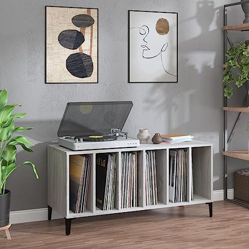 IKAYAA Mueble de Discos de Madera Con Patas Metálicas 100x38x48 cm, Tocadiscos de Vinilo Stand, Estanteria CD para Vinilos - Gris Sonoma
