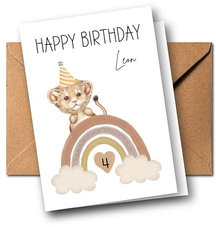 Personalisierte Kinder Glückwunschkarte zum 1. 2. 3. 4. 5. 6. 7. usw. Geburtstag Grußkarte Geburtstagskarte Faltkarte Kindergeburtstag mit Name verschiedene Tiermotive Boho Regenbogen (Löwe)