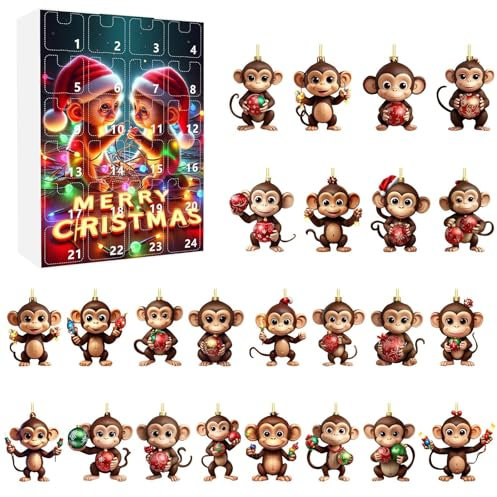 2024 Weihnachtsfeiertags-Adventskalender Süßer Weihnachtsaffe Weihnachts-Adventskalender 2D-Ornament-Set Weihnachtshaus im flachen Stil Klz537 (Red, One Size)