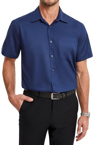 HISDERN Mens Navy Blue Short Sleeve Shirts Bamboo Dress Shirt for Men Formal Button Down Smart Shirts for Work Office XL