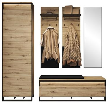 Mirjan24 Garderoben-Set Quant VIII, Kleiderhakenbrett, Spiegel, Schuhschrank mit Stauraum und Kleiderschrank mit Kleiderstange, Wandgarderobe für Diele und Flur (Artisan Eiche + Schwarz)