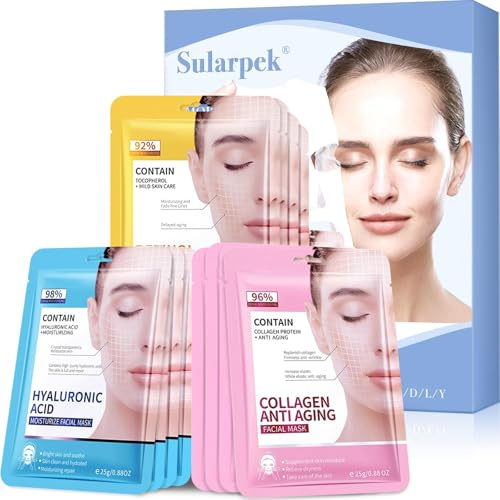 Sularpek 12 Pièces Masque Visage, Acide Hyaluronique, Collagène, Rétinol Masque Hydratant Visage, Masque Visage Femme pour Tous Les Types de Peau, Vegan & Cruelty Free