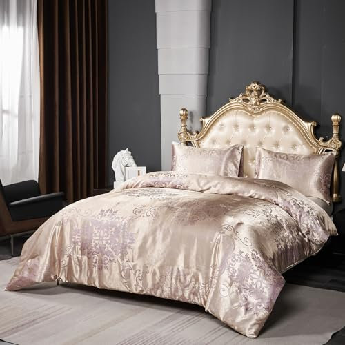 Herside Jacquard Duvet Cover Set King 3pcs Champagne Gold Bedding Set Premium Polyester Quilt Cover Royal Damask Bed Cover Luxury Bedding Set with Vintage Paisley Pillowcases