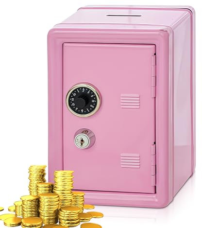 Spardose Tresor, Sparschwein mit Geldeinwurfschlitz, Mini Safe Tresor, Metall Piggy Bank, Spardosen mit 2 Schlüssel, Geldsparbox, H: 18cm L: 12cm B: 9,5cm, Sparkasse für Geldbox, Sparen (Pink)