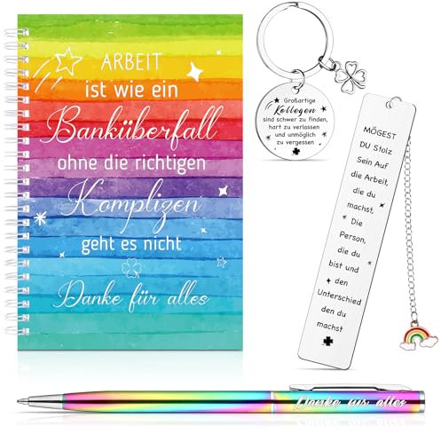 Haishell 4 Stück Dankeschön Geschenke inspirierendes Spiralnotizbuch Regenbogen-Kugelschreiber Metall-Schlüsselring Lesezeichen Anerkennungsgeschenk für Männer Frauen Lehrer Kollegen