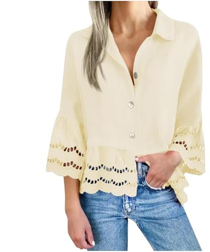 Shirts for Women UK Elegant Casual 3/4 Sleeve Lace Blouses Lightweight Loose Button Tunic Tops Plus Size Summer Three Quarter T Shirts Holiday Beach Shirt Party Wear Fashion Tees