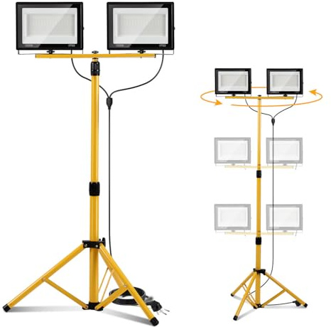 Peviasot Baustrahler LED mit Stativ, 2x100W 8500LM Drehbar Bauscheinwerfer 6500K Kaltweiß, Höhenverstellbar Stativ und 3m Kabel Stecker, IP66 Wasserdicht für Garage Werkstatt Baustelle