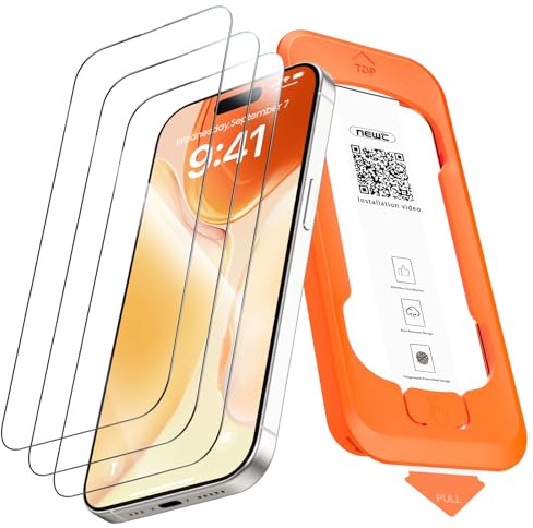 NEW'C 3 Piezas, Protector de pantalla Cobertura total para iPhone 15 Pro 6,1 pulgadas [Instalación Automática], Cristal Vidrio Templado - Ultra Resistente - Efectivo contra Rayones