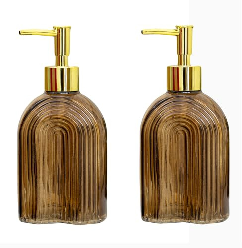 Ribbed Arch Glass Soap Dispensers Gold Pump Brown Liquid Lotion Holder (2, Dark Brown, 500ML)