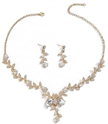 LAOYEFACAI Collar y Pendientes de Flor para Mujer - Conjunto de Joyas de Cristal para Boda, Novia, Piedras de Strass Brillantes, Conjunto de Joyas de 2 Piezas