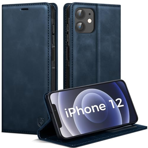AIMOYU Handyhülle für iPhone 12/12 Pro Hülle, Premium PU Leder Klapphülle Schutzhülle, Tasche Magnet Kartenfach Standfunktion Flip Case Hülle für iPhone 12/12 Pro, Blau