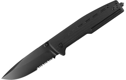 GSG-9 Klappmesser EM1, Schwarz, 90 mm Klinge | Wellenschliff, D2 Stahl, G-10 Griffschalen, Glasbrecher, Linerlock, Gürtelclip, Nylonholster