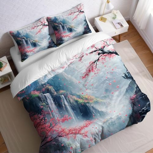 Bettbezug 135 x 200 cm Chinesisches Feng-Shui-Gemälde von Kirschblüten Mikrofaser Bettwäsche weich atmungsaktiv Rosa mit Reißverschluss Kissenbezug 80 x 80 cm Jugendliche