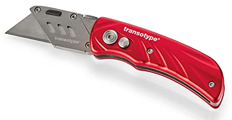 transotype Aluminium Cutter PRO, Präzisions-Messer aus rotem Aluminium, inkl. 5 Ersatzklingen, mit Klappfunktion und Sicherheitsverriegelung