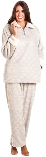 Camille Womens 2-Piece Super Soft Pyjamas - Heart Print | Warm, Thick Fleece Full Length PJs, Top & Bottoms | Long Sleeves, Pocket & Elastic Waist | Loungewear for Women