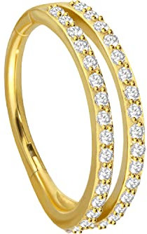 PIERCINGLINE Segmentring Clicker Chirurgenstahl 2 RINGE + KRISTALLE Piercing Ohr Helix Lippe Goldfarben 10 mm