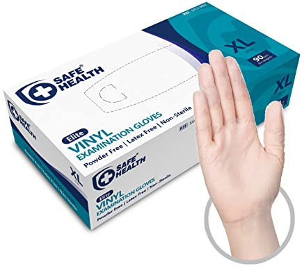 Safe Health Guanti monouso da esame in Vinile Trasparenti Taglia XL | 90 pezzi | Senza polvere Senza Lattice | Certificati CE EN455 EN374 | Anallergici Uso medico Alimentare Pulizia | 3 Mil