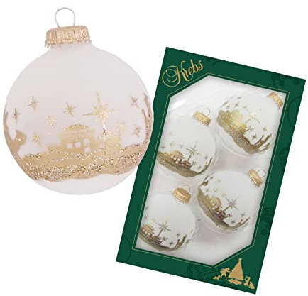 Dekohelden24 Lauschaer Christbaumschmuck - 4er Set Kugeln in Frost mit Bethlehem Dekor, 7 cm, mit goldenem Krönchen
