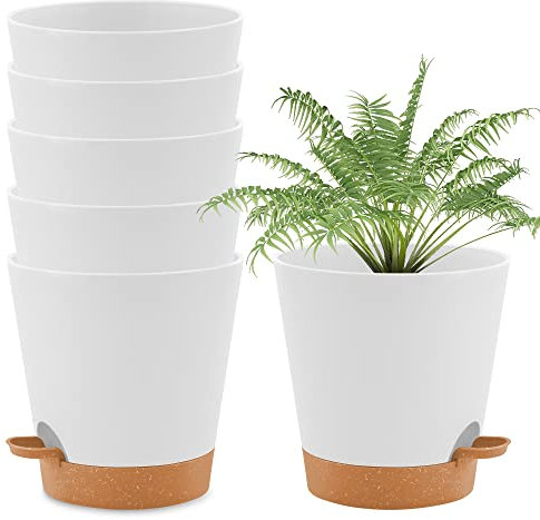 wintfarm Blumentopf,20cm 6er Set Pflanztopf mit Bewässerungssystem, Selbstbewässernder Übertopf mit Untersetzer,pflanzkübel Indoor Plants Pot, Blumentöpfe Set Ideal für Innen und Balkongärten (Weiß)