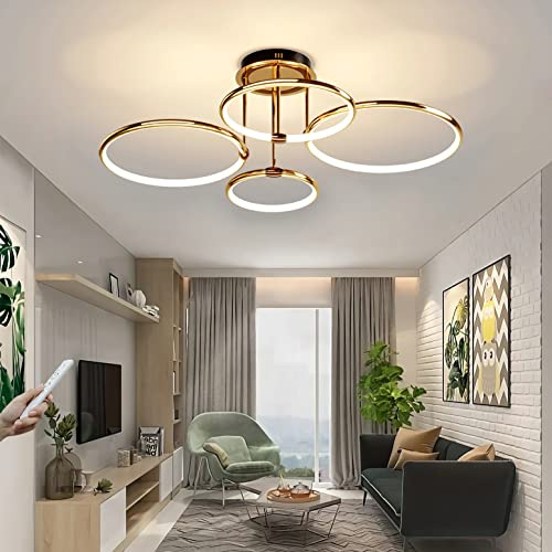 Modern LED Deckenleuchte 84W 4800lm Dimmbar Deckenlampe 4-Ring Wohnzimmerlampe Gold Schlafzimmerlampe mit Fernbedienung Led Ringsform Beleuchtung für Wohnzimmer Schlafzimmer Küche Esszimmer 75cm