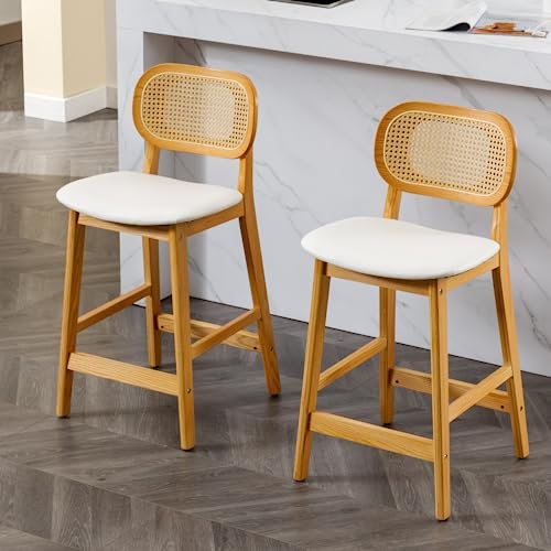 Wahson Tabouret de Bar Rotin Lot de 2, Chaise de Bar en Bois et Cannage Tabouret Bois avec Coussin Imperméable, Chaise Haute Bar Rétro pour Cuisine et Bar, Blanc
